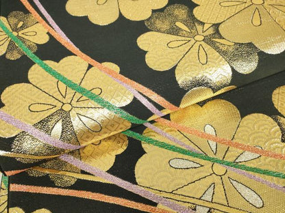 平和屋着物▼六通柄袋帯 舞花文 黒地 金銀糸 正絹 逸品 DABC3992az