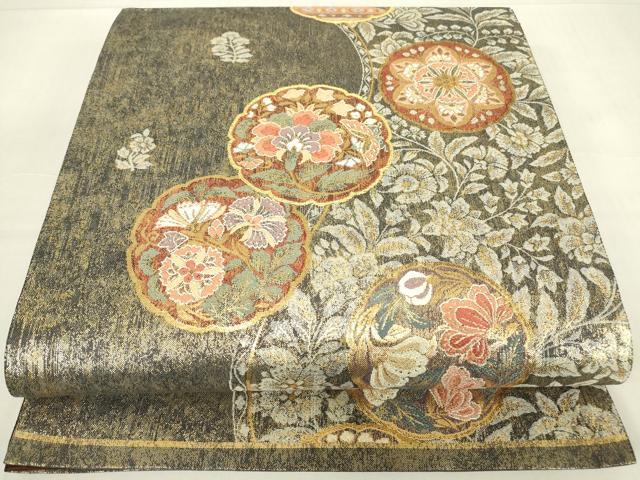 平和屋着物▼六通柄袋帯 更紗花蝶文 金糸 正絹 逸品 DABC3998az