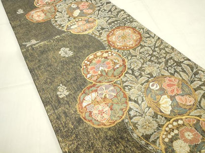 平和屋着物▼六通柄袋帯 更紗花蝶文 金糸 正絹 逸品 DABC3998az