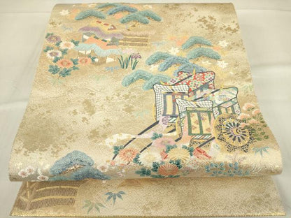 平和屋着物▼六通柄袋帯 御所車風景松文 金糸 正絹 逸品 DABC3999az