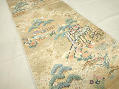 平和屋着物▼六通柄袋帯 御所車風景松文 金糸 正絹 逸品 DABC3999az