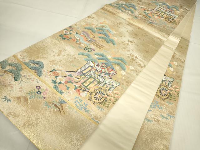 平和屋着物▼六通柄袋帯 御所車風景松文 金糸 正絹 逸品 DABC3999az