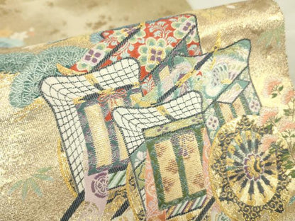 平和屋着物▼六通柄袋帯 御所車風景松文 金糸 正絹 逸品 DABC3999az