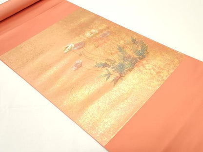 平和屋着物▼中国三大刺繍 相良刺繍 西陣 名古屋帯 帯反物 枝花文 金彩 証紙付き 逸品 未使用 DABC4240zy