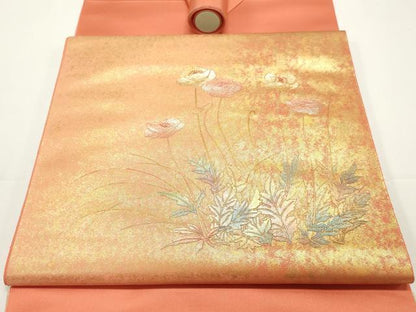 平和屋着物▼中国三大刺繍 相良刺繍 西陣 名古屋帯 帯反物 枝花文 金彩 証紙付き 逸品 未使用 DABC4240zy