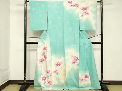 平和屋着物■訪問着　手描き　駒刺繍　草花文　暈し染め　銀彩　正絹　逸品　DABC4706cd