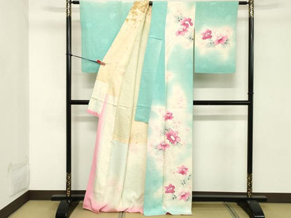 平和屋着物■訪問着　手描き　駒刺繍　草花文　暈し染め　銀彩　正絹　逸品　DABC4706cd