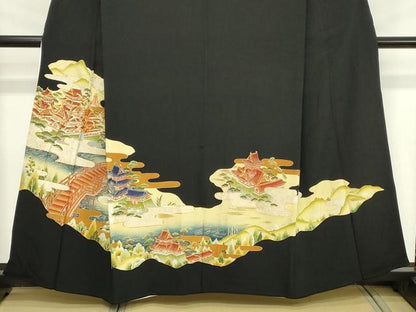 平和屋着物■豪華黒留袖　駒刺繍　渡橋風景文　金彩　正絹　逸品　DABC4721cd