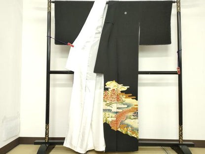 平和屋着物■豪華黒留袖　駒刺繍　渡橋風景文　金彩　正絹　逸品　DABC4721cd