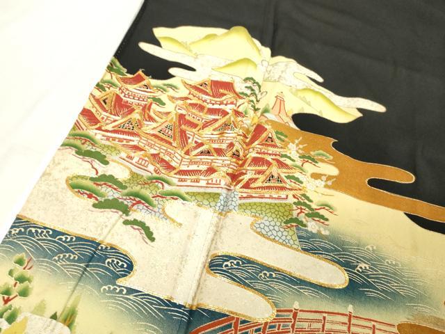 平和屋着物■豪華黒留袖　駒刺繍　渡橋風景文　金彩　正絹　逸品　DABC4721cd