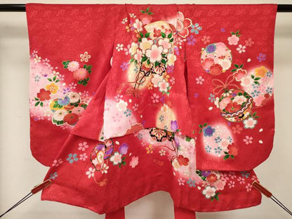 平和屋着物[]七五三　女の子　３歳　祝着　三つ身　刺繍　鼓花車文　暈し染め　金彩　逸品　DABC5002ma