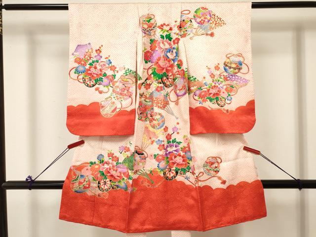 平和屋着物[]七五三　女の子　３歳　祝着　三つ身　駒刺繍　絞り　鞠扇面花車文　金彩　逸品　DABC5003ma
