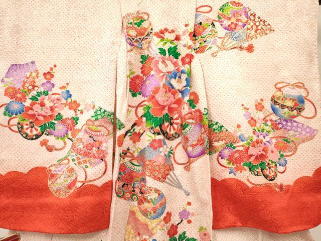 平和屋着物[]七五三　女の子　３歳　祝着　三つ身　駒刺繍　絞り　鞠扇面花車文　金彩　逸品　DABC5003ma