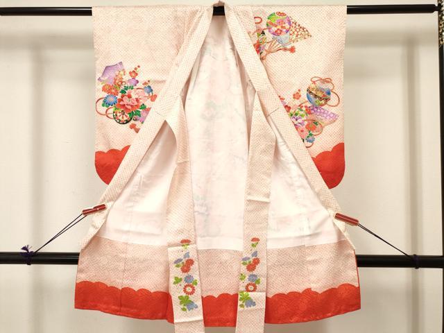 平和屋着物[]七五三　女の子　３歳　祝着　三つ身　駒刺繍　絞り　鞠扇面花車文　金彩　逸品　DABC5003ma