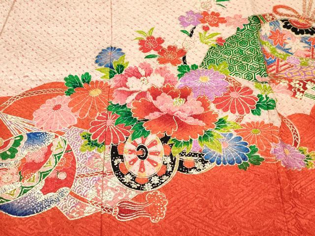 平和屋着物[]七五三　女の子　３歳　祝着　三つ身　駒刺繍　絞り　鞠扇面花車文　金彩　逸品　DABC5003ma