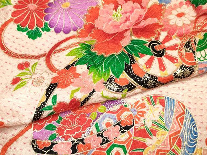 平和屋着物[]七五三　女の子　３歳　祝着　三つ身　駒刺繍　絞り　鞠扇面花車文　金彩　逸品　DABC5003ma
