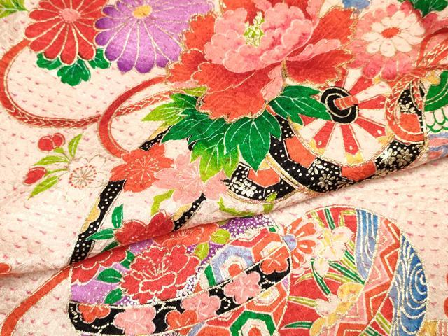 平和屋着物[]七五三　女の子　３歳　祝着　三つ身　駒刺繍　絞り　鞠扇面花車文　金彩　逸品　DABC5003ma