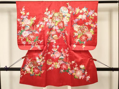 平和屋着物[]七五三　女の子　３歳　祝着　三つ身　駒刺繍　鴛鴦鞠花文　金彩　逸品　DABC5005ma