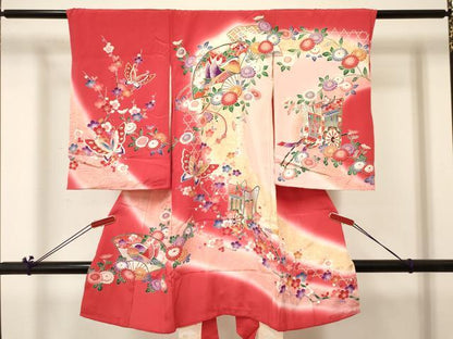 平和屋着物[]お宮参り　女の子　祝着　産着　初着　のしめ　扇面鴛鴦御所車花蝶文　暈し染め　金銀彩　逸品　DABC5014ma