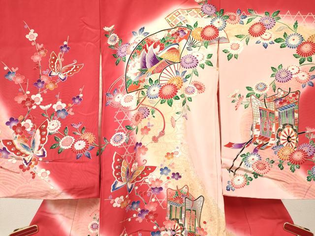 平和屋着物[]お宮参り　女の子　祝着　産着　初着　のしめ　扇面鴛鴦御所車花蝶文　暈し染め　金銀彩　逸品　DABC5014ma