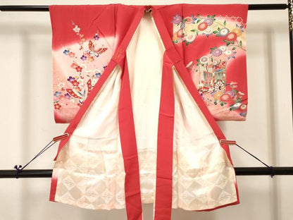 平和屋着物[]お宮参り　女の子　祝着　産着　初着　のしめ　扇面鴛鴦御所車花蝶文　暈し染め　金銀彩　逸品　DABC5014ma