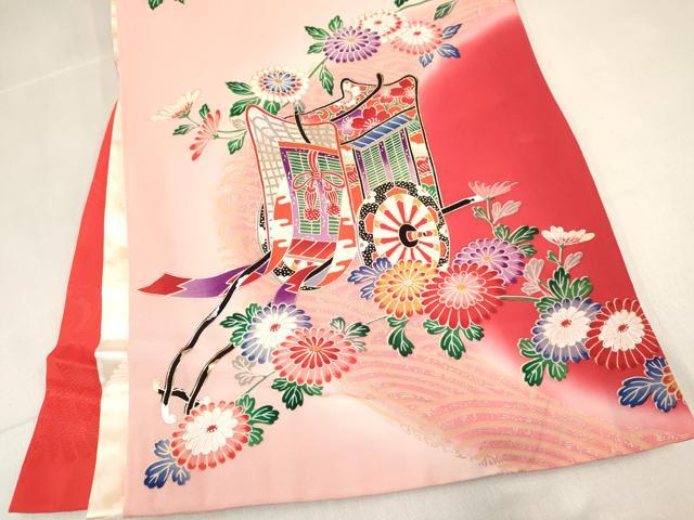 平和屋着物[]お宮参り　女の子　祝着　産着　初着　のしめ　扇面鴛鴦御所車花蝶文　暈し染め　金銀彩　逸品　DABC5014ma