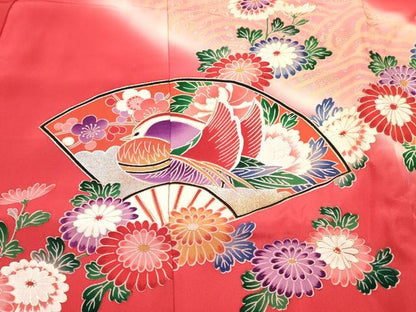 平和屋着物[]お宮参り　女の子　祝着　産着　初着　のしめ　扇面鴛鴦御所車花蝶文　暈し染め　金銀彩　逸品　DABC5014ma