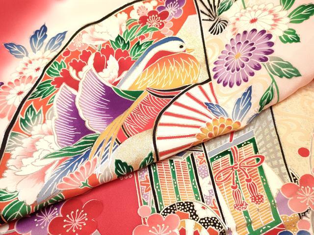 平和屋着物[]お宮参り　女の子　祝着　産着　初着　のしめ　扇面鴛鴦御所車花蝶文　暈し染め　金銀彩　逸品　DABC5014ma