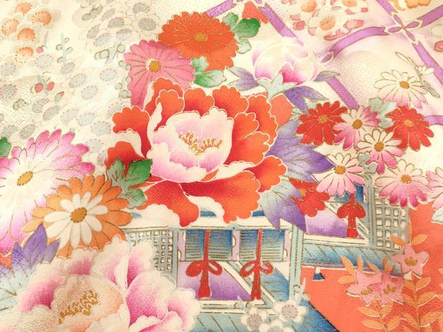 平和屋着物[]お宮参り　女の子　祝着　産着　初着　のしめ　風景牡丹花文　金彩　逸品　DABC5015ma