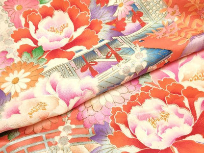平和屋着物[]お宮参り　女の子　祝着　産着　初着　のしめ　風景牡丹花文　金彩　逸品　DABC5015ma