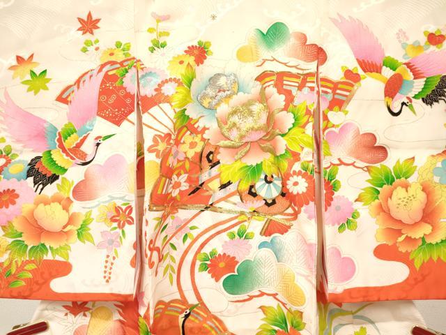 平和屋着物[]お宮参り　女の子　祝着　産着　初着　のしめ　駒刺繍　檜扇御所車飛鶴花文　金彩　逸品　DABC5016ma