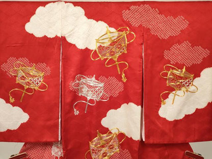 平和屋着物[]お宮参り　女の子　祝着　産着　初着　のしめ　駒刺繍　絞り　糸車花文　逸品　DABC5018ma
