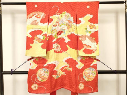 平和屋着物[]アンティーク　大正ロマン　お宮参り　女の子　祝着　産着　初着　のしめ　駒刺繍　折り鶴鞠花文　逸品　DABC5020ma