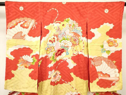平和屋着物[]アンティーク　大正ロマン　お宮参り　女の子　祝着　産着　初着　のしめ　駒刺繍　折り鶴鞠花文　逸品　DABC5020ma