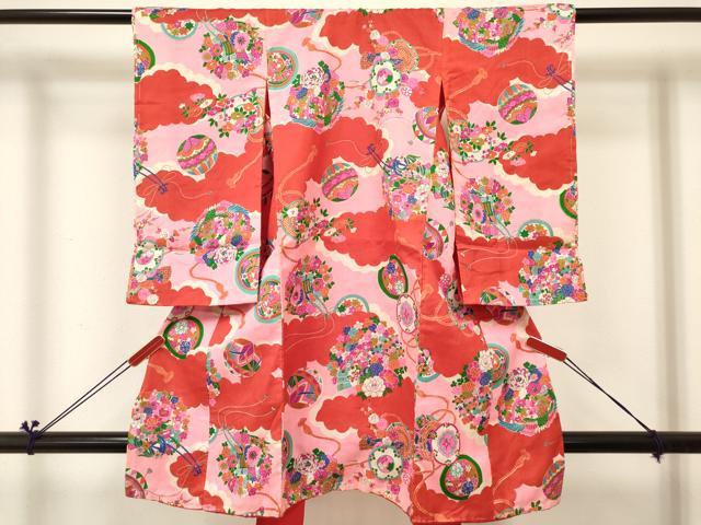 平和屋着物[]アンティーク　大正ロマン　お宮参り　女の子　祝着　産着　初着　のしめ　御所車花鳥文　逸品　DABC5028ma