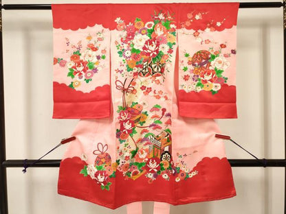 平和屋着物[]お宮参り　女の子　祝着　産着　初着　のしめ　糸車　花車　暈し染め　金彩　逸品　DABC5036ma