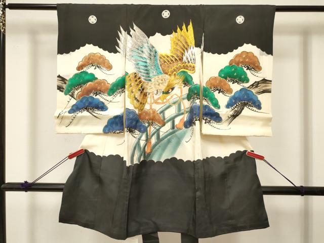 平和屋着物[]お宮参り 男の子 祝着 産着 初着 のしめ 刺繍 鷹 鷲 渡橋松文 暈し染め 金彩 逸品 DABC5043ma