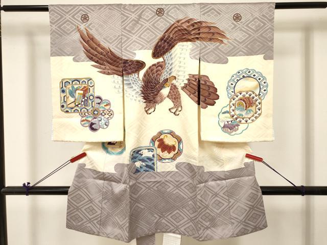 平和屋着物[]お宮参り　男の子　祝着　産着　初着　のしめ　駒刺繍　鷹　鷲　立波風景絵皿文　逸品　DABC5046ma