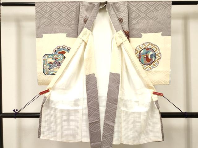 平和屋着物[]お宮参り　男の子　祝着　産着　初着　のしめ　駒刺繍　鷹　鷲　立波風景絵皿文　逸品　DABC5046ma