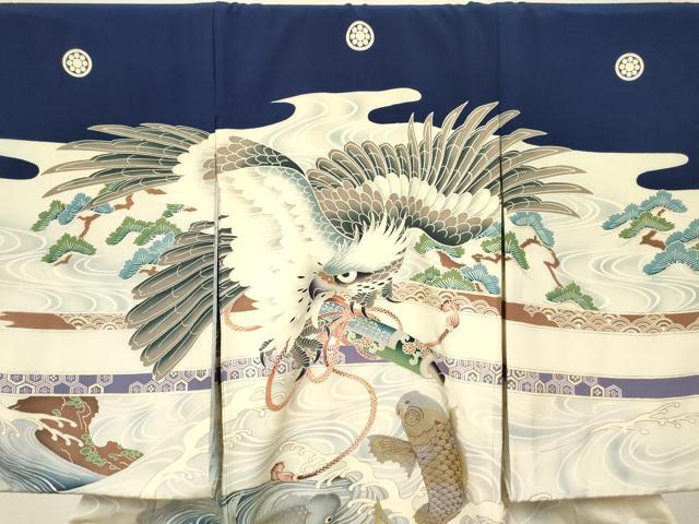 平和屋着物[]お宮参り　男の子　祝着　産着　初着　のしめ　鷹　鷲　鯉　立波絵巻花松文　暈し染め　金銀彩　逸品　DABC5049ma