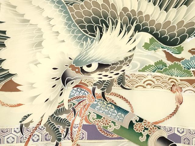 平和屋着物[]お宮参り　男の子　祝着　産着　初着　のしめ　鷹　鷲　鯉　立波絵巻花松文　暈し染め　金銀彩　逸品　DABC5049ma