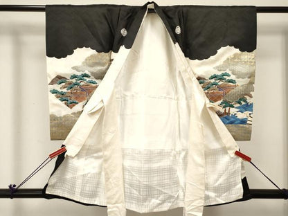 平和屋着物[]お宮参り　男の子　祝着　産着　初着　のしめ　鷹　鷲　扇面人物風景文　金彩　逸品　DABC5051ma