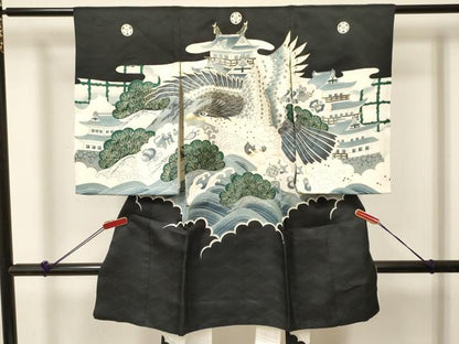 平和屋着物[]お宮参り　男の子　祝着　産着　初着　のしめ　鷹　鷲　風景立波松文　金彩　逸品　DABC5055ma