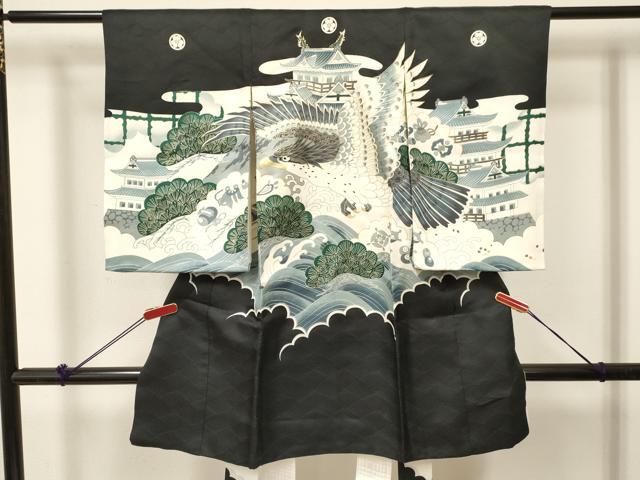 平和屋着物[]お宮参り　男の子　祝着　産着　初着　のしめ　鷹　鷲　風景立波松文　金彩　逸品　DABC5055ma