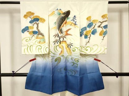 平和屋着物[]お宮参り　男の子　祝着　産着　初着　のしめ　鯉　立波松文　暈し染め　金銀彩　逸品　DABC5061ma