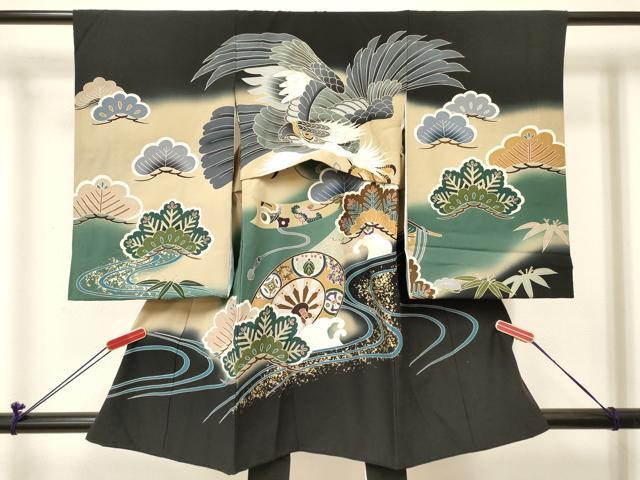 平和屋着物[]お宮参り　男の子　祝着　産着　初着　のしめ　鷹　鷲　片輪車松文　暈し染め　金彩　逸品　DABC5064ma