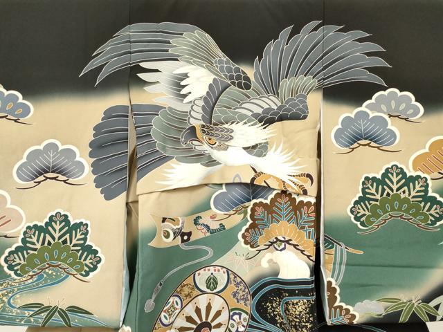 平和屋着物[]お宮参り　男の子　祝着　産着　初着　のしめ　鷹　鷲　片輪車松文　暈し染め　金彩　逸品　DABC5064ma