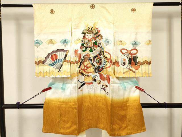 平和屋着物[]お宮参り　男の子　祝着　産着　初着　のしめ　手描き　駒刺繍　童子　兜　吉祥文　暈し染め　逸品　DABC5068ma
