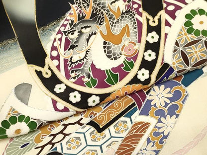 平和屋着物[]お宮参り　男の子　祝着　産着　初着　のしめ　龍　兜　貝桶絵巻梅松文　金銀彩　逸品　DABC5069ma