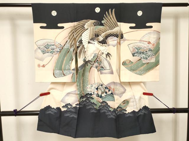 平和屋着物[]お宮参り　男の子　祝着　産着　初着　のしめ　龍　兜　地紙重ね松文　銀彩　逸品　DABC5070ma